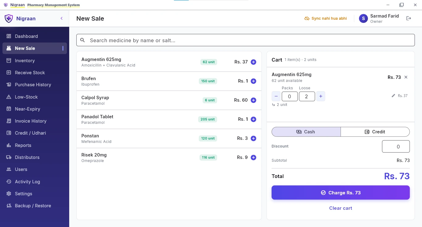 Nigraan New Sale screen with a medicine search, a running cart, and cash or credit checkout